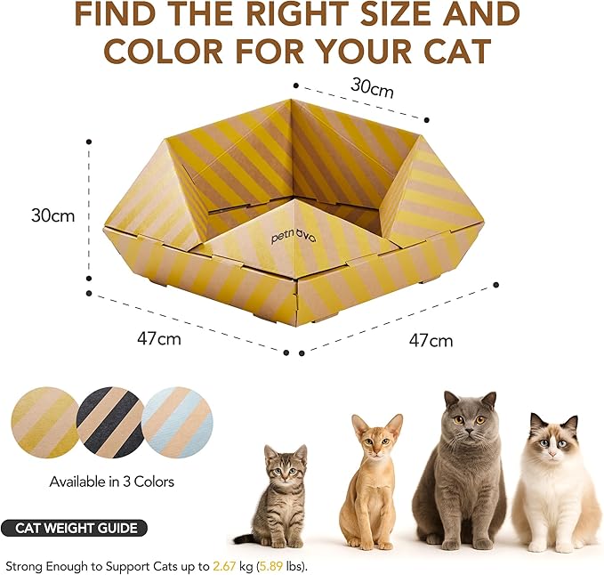 PETNOVO Foldable Cat Bed & House for Travel – Origami Cardboard Cat House with Built-in Honeycomb Scratcher Pad, No-Tools Assembly, FSC-Certified Recyclable, Yellow, 18.5" L x 18.5" W x 11.8" H