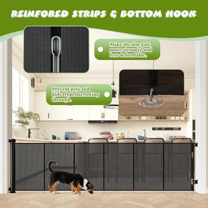 34" Tall Retractable Baby Gates, Extra Wide 118" Retractable Safety Gate with Reinforced Strips, Extra Long Dog Gate for Large Openings & Doorways Mesh Pet Baby Gates Indoor & Outdoor, Black