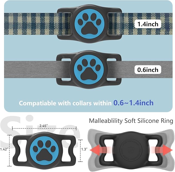 2-Pack Airtag Holder for Dog Collar, Waterproof Silicone Protective Case Cover, Anti-Lost Tracker Universal Fit for All Width Pet Collars(Black&Blue)