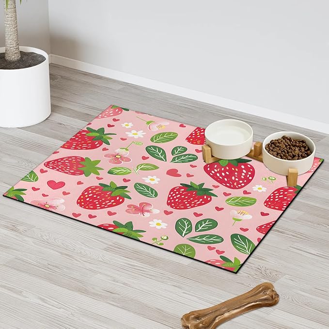 Boho Strawberry Dog Food Mat for Floors Absorbent Dog Bowl Mat for Food and Water Dispenser Quick Dry Cat Food Placemat Pet Supplies 24" x 32", Flora Leaves