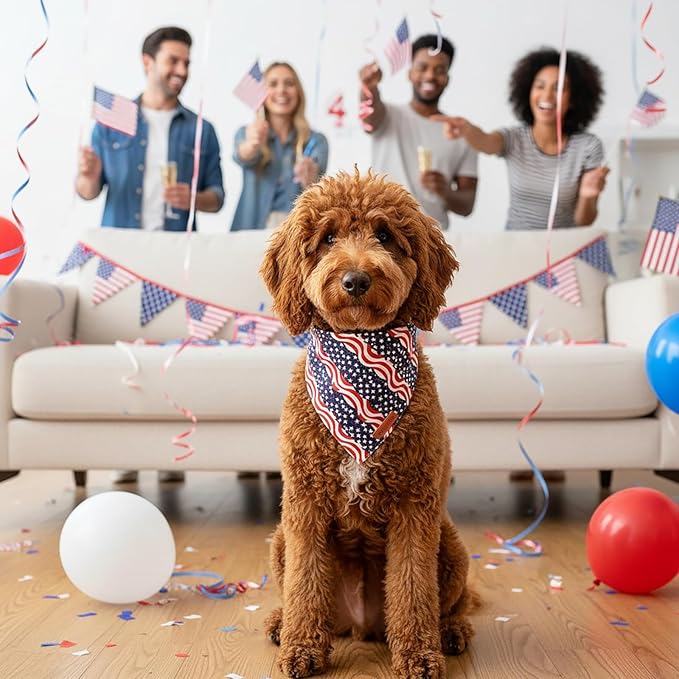 PTDECOR American Flag Dog Bandana, Striped Stars Flag 4th of July Pet Scarf, Premium Durable Fabric, Adjustable Triangle Patriotic Bandanas for Medium Large Dogs Pets (Large)