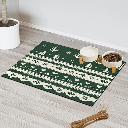 Christmas Trees Dog Food Mat for Floors Absorbent, Quick Dry Water Dispenser Mat for Food, Water, Pet Supplies 16" x 24", Green White Xmas