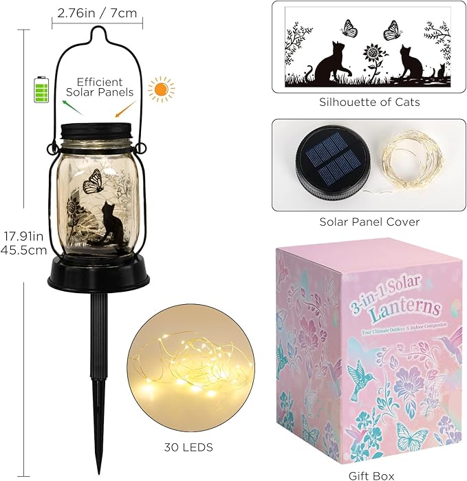 kyoryuger Cat Gifts Cat Lover Gifts for Women/Mom/Grandma/Sister, Cats Butterfly Solar Lights Outdoor Hanging Cat Lanterns Fairy Lights, Kitty Lamps Decor for Yard Lawn Garden Patio