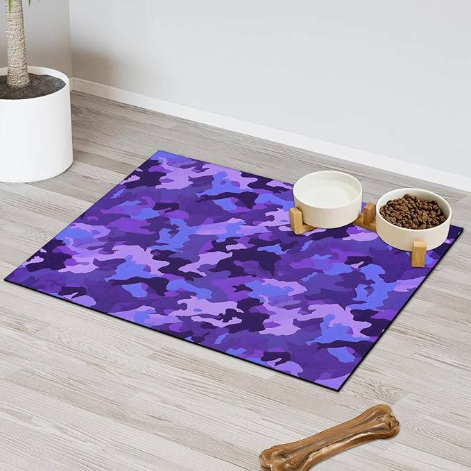Purple Camouflage Dog Food Mat for Floors Absorbent Dog Bowl Mat for Food and Water Dispenser Quick Dry Cat Food Placemat Pet Supplies 17" x 30", Camo