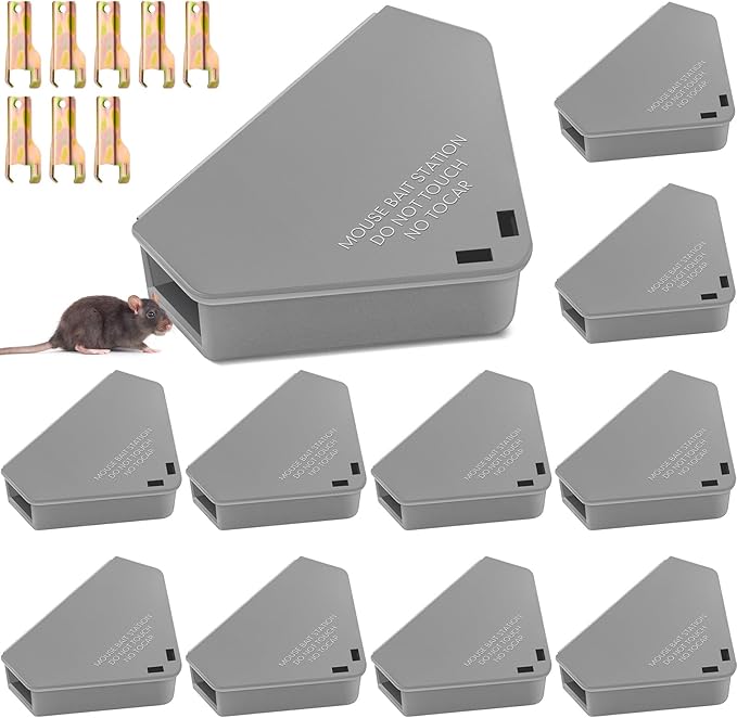 Qualirey Mice Station with Key Triangle Mouse Station Reusable Rodent Trap Box, Keeps Children and Pets Safe Indoor & Outdoor Suitable for Small Mice(Gray,12 Pcs)