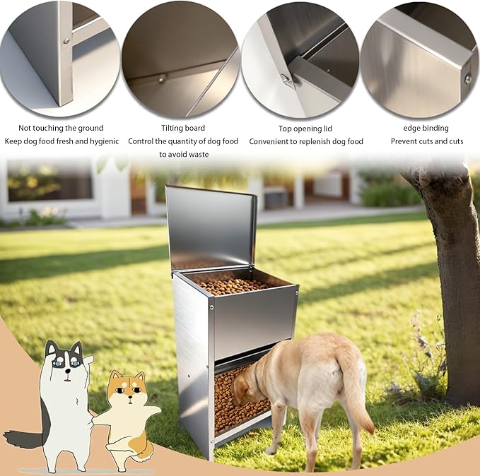 Dog Food Feeder for Kibble - (Stainless Steel Natural Color Anti-Corrosion) - Automatic Food Dispenser Gravity Self Feeding Outdoor for Medium, Large Dog Breedss - 50Lbs New Upgrade