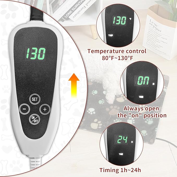 Dog Heating Pad 32x20in with Smart Thermostat Switch and Power Line Protection Tube,Obtained MET and UL Dual Certification,Waterproof Pet Heating Pad for Dogs with Plush Fabric Cover-Black