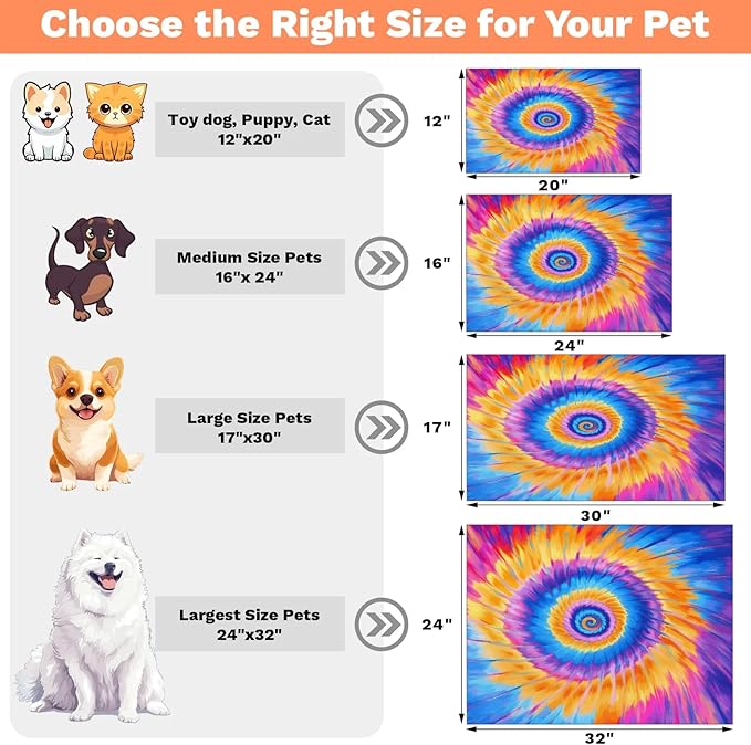 Tie Dye Dog Food Mat for Floors Absorbent, Quick Dry Water Dispenser Mat for Food, Water, Pet Supplies 17" x 30", Watercolor Rainbow