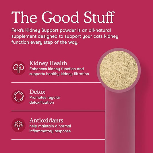 Fera Pets Cat Kidney Support Powder with Antioxidants & Probiotics - Enhances Renal Health & Function - Promotes Regular Detoxification - 60 Scoops