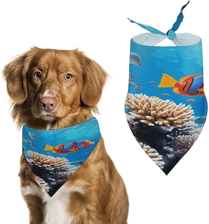 Dog Bandana Spring Pet Scarf Adjustable Triangle Ocean Tropical Fish Coral Printing Dog Bib Washable Polyester Puppy Bandana for Small Medium Large Dogs Cat Birthday Party Supplies