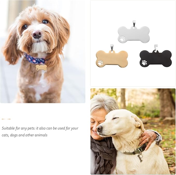 STOBAZA 3pcs Dog Id Tags Bone Shape Blank Engraved Pendant Set Metal Pet Identity Tags for Collars in Silver Black and Gold for Pet Supplies