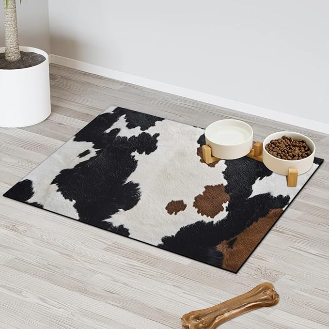 Milk Cow Print Dog Food Mat for Floors Absorbent Dog Bowl Mat for Food and Water Dispenser Quick Dry Cat Food Placemat Pet Supplies 16" x 24", Maroon White Fur