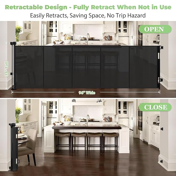 96 Inch Wide Reinforced Retractable Baby Gate with Support Rods, Extra Long Dog Gate Retractable Gate Outdoor Gates for Decks, Prevent Crawling Under Extra Long Baby Gates for Large Openings, Black