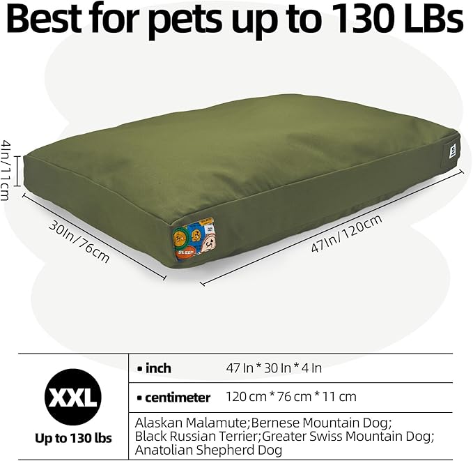 Sytopia 47 Inch Canvas Chew-Proof Outdoor Dog Bed for Extra Large Dogs, Waterproof Washable Removable Cover, Indoor Patio Pet Pad, Green