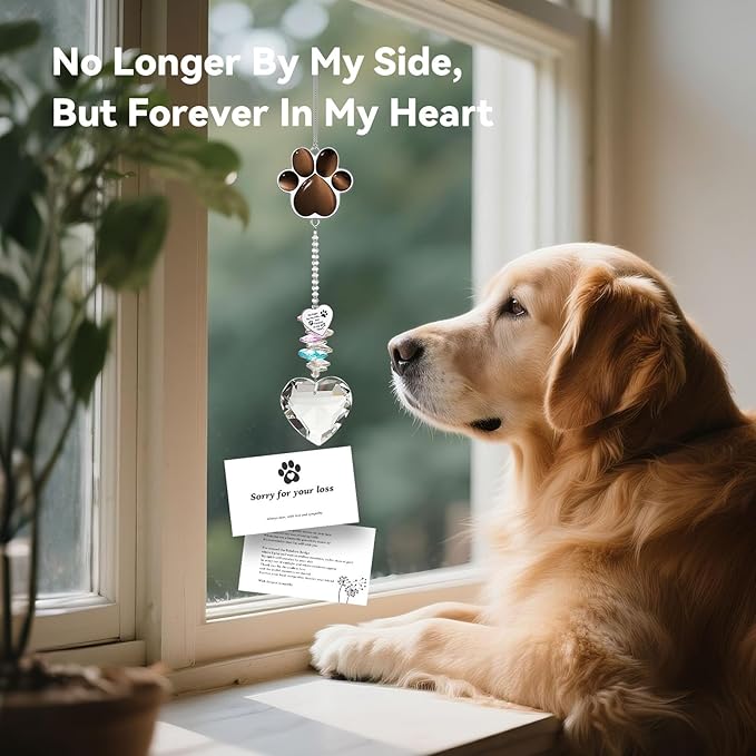 Pet Memorial Suncatcher - Dog Memorial Gifts, Pet Loss Sympathy, Thoughtful Dogs and Cats Condolence Bereavement Remembrance Gifts, Chrysoberyl Cat's Eye Stone Paw Crystal Suncatcher