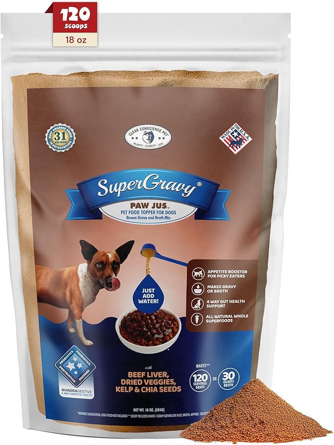 CLEAR CONSCIENCE PET® Paw Jus™ SuperGravy® – Natural Dog Food Gravy Topper – Hydration Broth Food Mix – Human Grade – Kibble Seasoning for Picky Eaters – Gluten & Grain Free (18 oz. (120 Scoop))