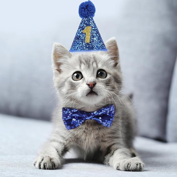 Abaodam Pet Party Hat and Bow Tie Set for Dogs, Small Blue Sequin Birthday Hat with Number and Navy Blue Bowknot, Dog Birthday Party Supplies for Puppies and Small Pets