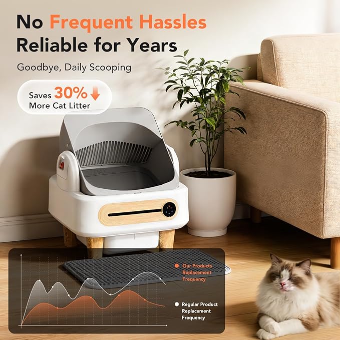 RPZ Automatic Cat Litter Box Self Cleaning, Robot Litter Box for Multiple Large Cats, Open Top Auto App Control Ultra-Quiet, Durable, Keep Home Freshness, Wood Grain