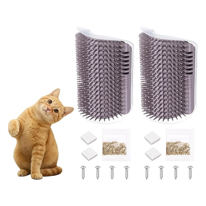 Self Grooming Cat Brush, Cat Self Groomer Scratcher with Catnip Softer Scratchers Wall Corner Groomer Massage Combs (4Pcs, S, Grey) for Long Short Fur Pets/Kittens/Puppies