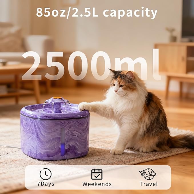 Cat Water Fountain Purple Cute: 84oz/2.5L Automatic Pet Water Fountain for Cats Indoor, Flower Kitty Spout Fountain & LED Blue Light, Upgraded Ultra Quiet Pump, Gifts for Cats, Dogs (8Filters)