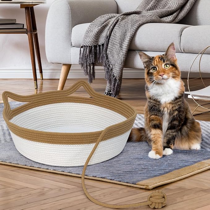 Cotton Rope Cat Bed, Foldable Sleeping Basket with Playing Rope Ball, Hand Woven Small Dogs Sofa Bed, Kitten Shaped House for Pets (Medium, Brown & Beige)