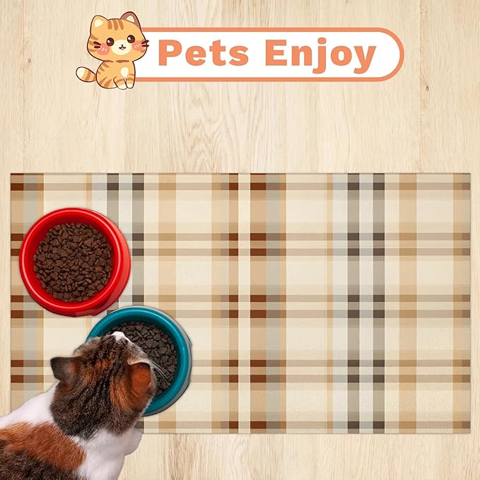 Plaid Dog Food Mat for Floors Absorbent, Quick Dry Water Dispenser Mat for Food, Water, Pet Supplies 17" x 30", Vintage Buffalo