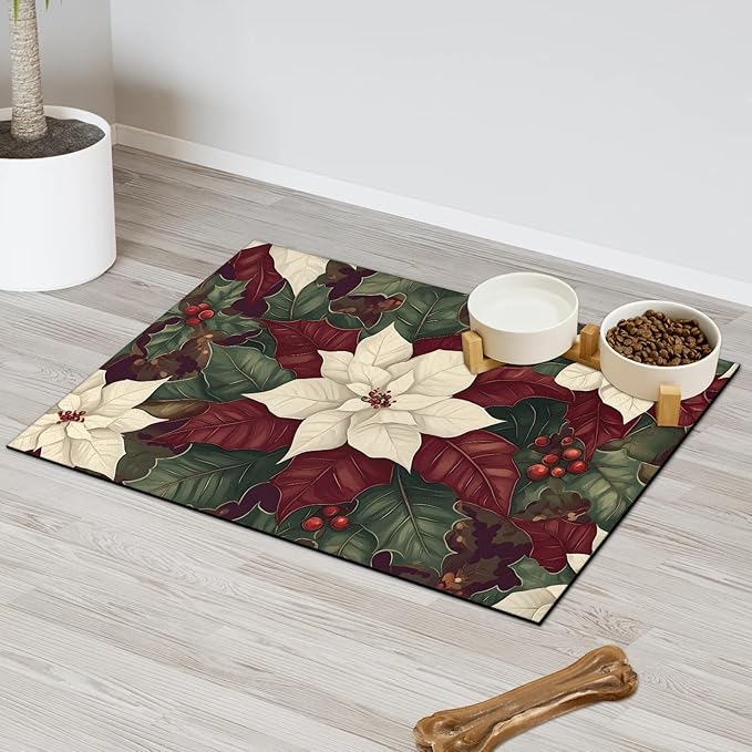 Christmas Flower Dog Food Mat for Floors Absorbent, Quick Dry Water Dispenser Mat for Food, Water, Pet Supplies 16" x 24", Red White Poinsettias