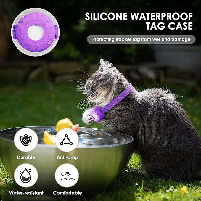 GPS Tracker for Cats, Cat Tracker Compatible with Apple Find My App (Only iOS), No Monthly Fee, Breakaway Collar Included (White Tracker, Purple Cat Collar)
