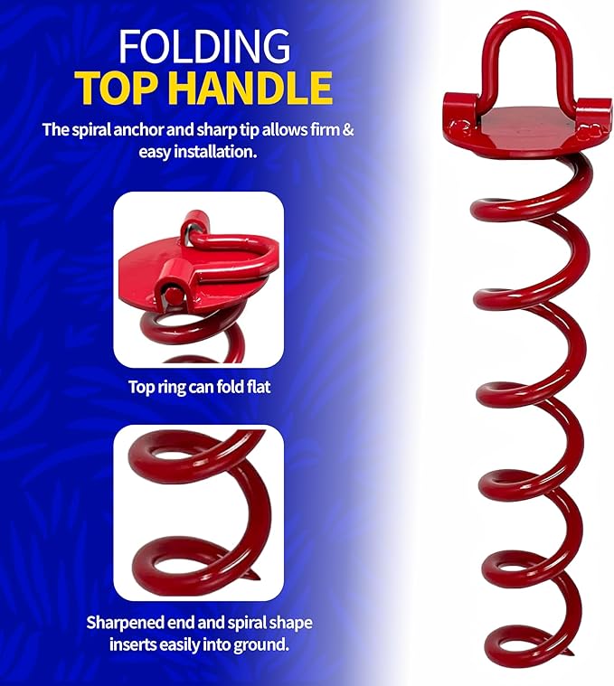 Pet Fit For Life Dog Tie Out Stake - Heavy Duty Steel Yard Stake, Secure Ground Anchor with Swivel Ring for Cable, Outdoor Leash Anchor Ideal for Camping, Beach, Park - Small & Large Dogs, Red, 15"