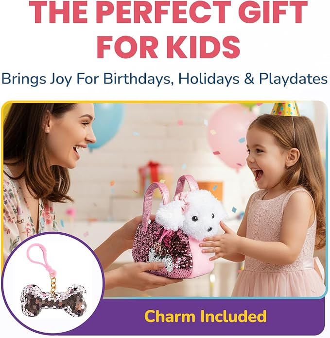 Little Jupiter Pet Plush Set with Purse w/Reversible Sequins & Charm - Stuffed Animal Toy for Kids Ages 4-5 - 6-7 - Stuffed Animal Purse - Stuffed Animals for Girls - (White Labradoodle)