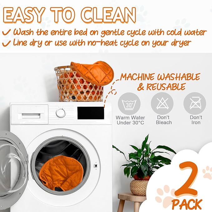2 Pcs Self Warming Cat Mat Round Self Heating Pad Bed Reversible Machine Washable Heated Bed Anti Slip Warming Pad Pet Mat for Cat Crate Indoor Outdoor(Orange,16 Inch)