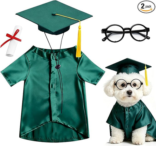 Dog Graduation Cap and Gown Set 2026 - Adjustable Washable Pet Cosplay Costume for Small Medium Dogs, Graduation Gift Supplies with Cap Robe Tassel,Dog Graduation Outfits Gifts (Green, Small)