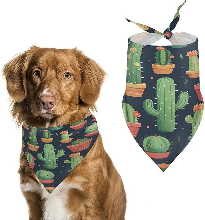 Dog Bandana Spring Pet Scarf Adjustable Triangle Cute Cactus Seamless Illustration Printing Dog Bib Washable Polyester Puppy Bandana for Small Medium Large Dogs Cat Birthday Party Supplies