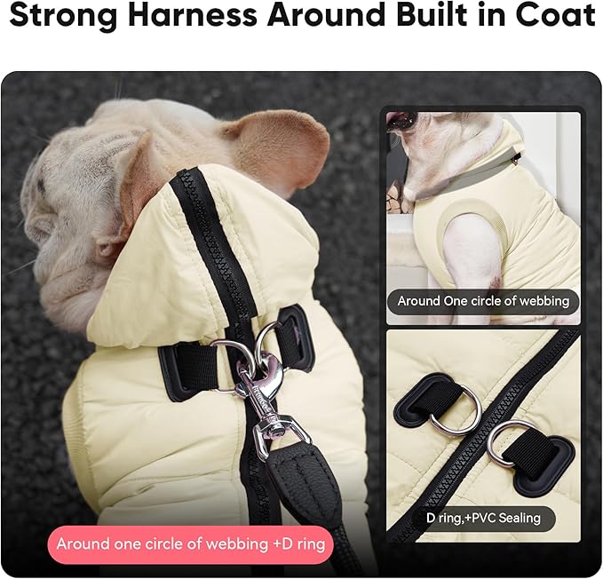 Fleece Lining Dog Hoodie with Harness Built in,Extra Warm Medium Dog Jacket in Winter Doggie Coats with Hooded,Light Yellow XL