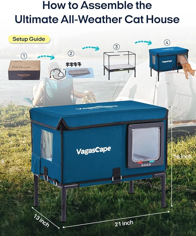 Heated Cat House for Outdoor in Winter, Insulated Weatherproof Cat Shelter with Heating Pad and Safe Escape Door, Waterproof Warm Home for Outside Barn Feral Stray Cat（Blue）