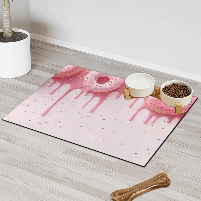 Ice Cream Dog Food Mat for Floors Absorbent Dog Bowl Mat for Food and Water Dispenser Quick Dry Cat Food Placemat Pet Supplies 12" x 20", Pink Donut