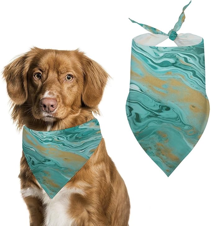 Dog Bandana Spring Pet Scarf Adjustable Triangle Teal and Gold Marble Printing Dog Bib Washable Polyester Puppy Bandana for Small Medium Large Dogs Cat Birthday Party Supplies