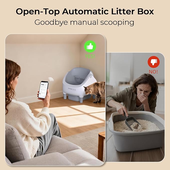 Automatic Cat Litter Box Self Cleaning, App Control, Open-Top Automatic Litter Box with Safety Sensors, Ultra-Quiet, 10.5L Waste Bin with Odor Control, 2 Rolls of Garbage Bags, Grey White