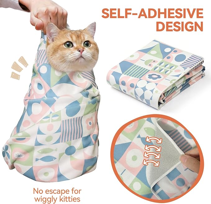 BFNN Cat Grooming Wrap for Cutting Nails, 31.5" Anti-Escape Calming Cat Swaddle Wrap for Medicine, Nail Clipping, Teeth Brushing, Ear Cleaning, Self-Adherent Burrito Restraint, (Geometric Fish, XL)
