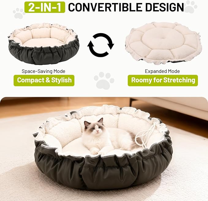 Cat Bed for Indoor Cats, 24.8 Inch Adjustable Small Dog Beds for Puppy & Kitty, Round Kitten Bed with Drawstring, Extra Soft & Machine Washable