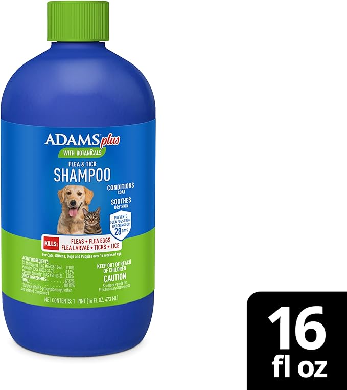 ADAMS Plus with Botanicals Flea & Tick Shampoo, for Cats, Kittens, Dogs & Puppies Over 12 Weeks of Age, Kills Adult Fleas, Flea Eggs, Ticks and Lice, 16 fl oz