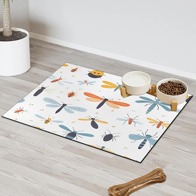 Boho Dragonfly Dog Food Mat for Floors Absorbent, Quick Dry Water Dispenser Mat for Food, Water, Pet Supplies 24" x 32", Colorful Dragonflies