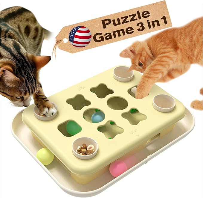 KADTC 3 Ways to Play - Large Size Cat Treat Puzzle Toy U.S. Brand & Design Track Balls & Peek-and-Play Box for Indoor Cats Puzzles Slow Feeder Kitten Enrichment Toys Interactive Brain-Teasing Game