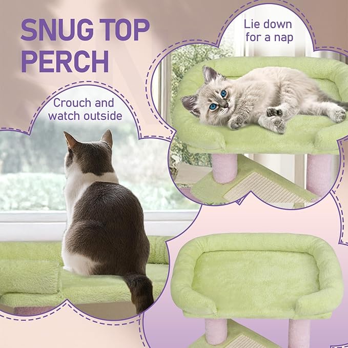 27.5in Plush Cat Tree, Multi-Level Cat Tower with Scratching Post and Pad, Cozy Condo & Padded Perch, Dangling Ball for Kittens and Indoor Cats, Compact Cat Furniture for Small Spaces (Pink & Green)