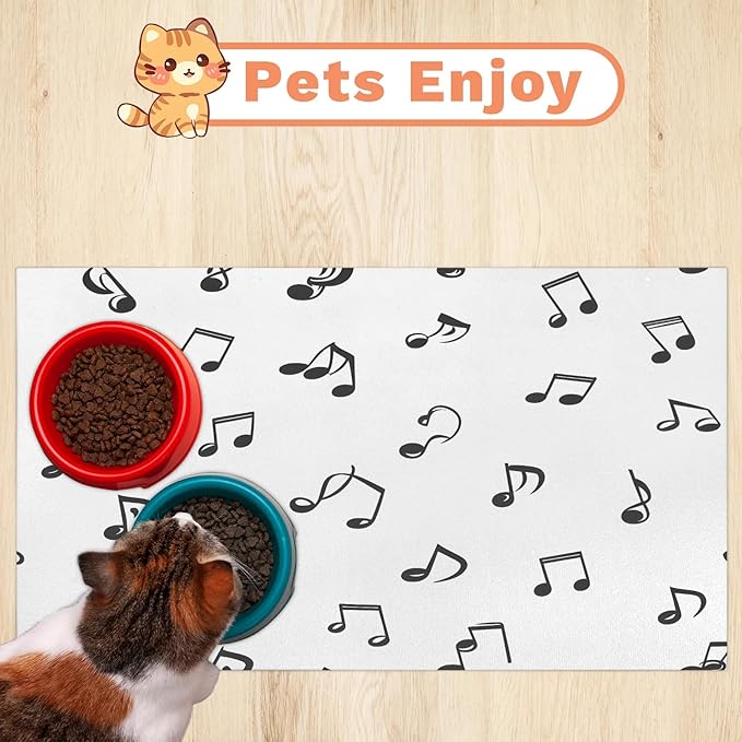 Black Note Dog Food Mat for Floors Absorbent Dog Bowl Mat for Food and Water Dispenser Quick Dry Cat Food Placemat Pet Supplies 16" x 24", Black White