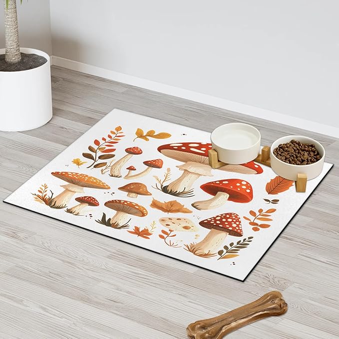 Retro Mushroom Dog Food Mat for Floors Absorbent Dog Bowl Mat for Food and Water Dispenser Quick Dry Cat Food Placemat Pet Supplies 12" x 20", Boho Leave