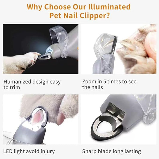 LED + Magnifier Cat Nail Trimmer — Pet Nail Clippers with Light, Curved Half-Moon Stainless Blades, Ergonomic Non-Slip Handle — Safe Cat Nail Clipper with Light for Cats & Dogs