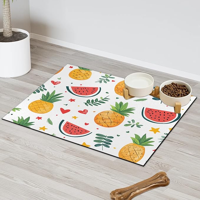Watermelon Fruit Dog Food Mat for Floors Absorbent Dog Bowl Mat for Food and Water Dispenser Quick Dry Cat Food Placemat Pet Supplies 16" x 24", Pineapple