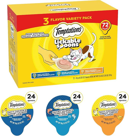 Temptations Lickable Spoons, Soft Lickable Cat Treats, Adult Wet Cat Treats, Variety Pack, 72 Spoons