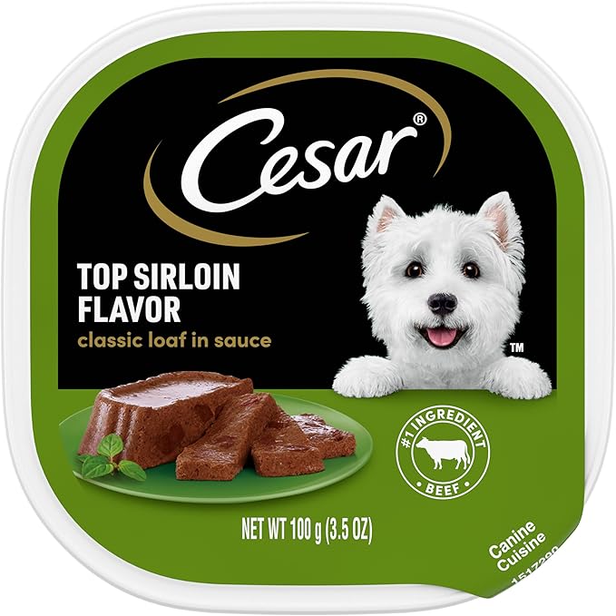 Cesar Wet Dog Food Classic Loaf in Sauce Top Sirloin Flavor, 3.5 oz. Easy Peel Tray (Pack of 6)
